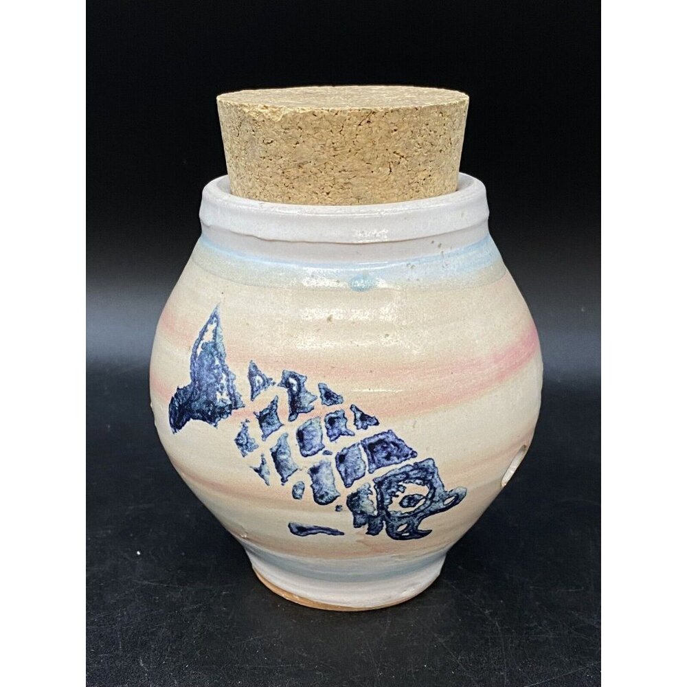 Koi Fish Studio Art Pottery Ceramic Garlic Jar with Cork Lid